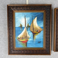 Pair Vtg Haitian MCM Sailboat Oil Paintings Signed Jack 8×10 Carved Wood Frames