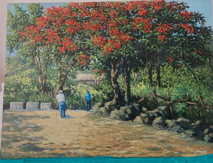 Jorge Romero vintage 80’s painting Campo y Flamboyanes -Puerto Rico Art Latin Am
