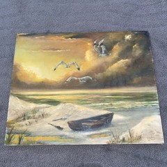 Vntg Original 1970’s Seascape Oil Painting Seagulls Birds Boat Beach 16” X 20”