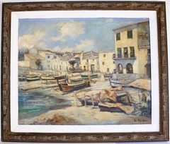VINTAGE LARGE OIL PAINTING CANVAS SIGNED DE POLIOLO MEDITERRANEAN COAST SEASIDE