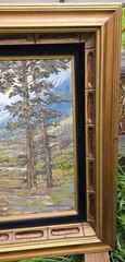 Massive 1970s Mountain Landscape Acrylic Painting Couch Size Gold Wood Framed