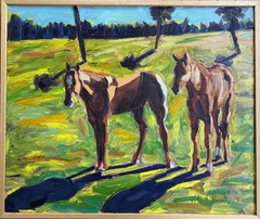 Large Signed Rene Guerin Oil Painting Horses in Florida Landscape 36″X30″