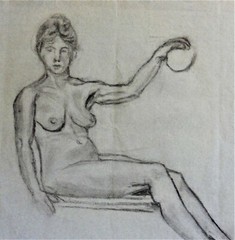 M. KREKELER -Kohle-Zeichnung AKT um 1918: NACKTE FRAU SITZEND MIT BALL