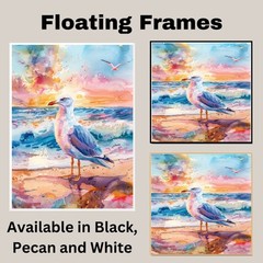 Seagull by Ocean Shore in Sunset Watercolor Scene Canvas Wall Art