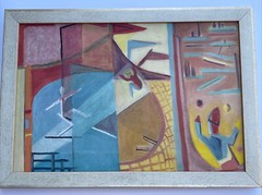 ANTIQUE CIRCUS PAINTING ABSTRACT CUBIST CUBISM MODERNISM MID CENTURY PERFORMERS