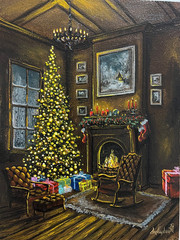 Cozy Christmas Fireplace Oil Painting, Glowing Christmas Tree, Holiday Artwork