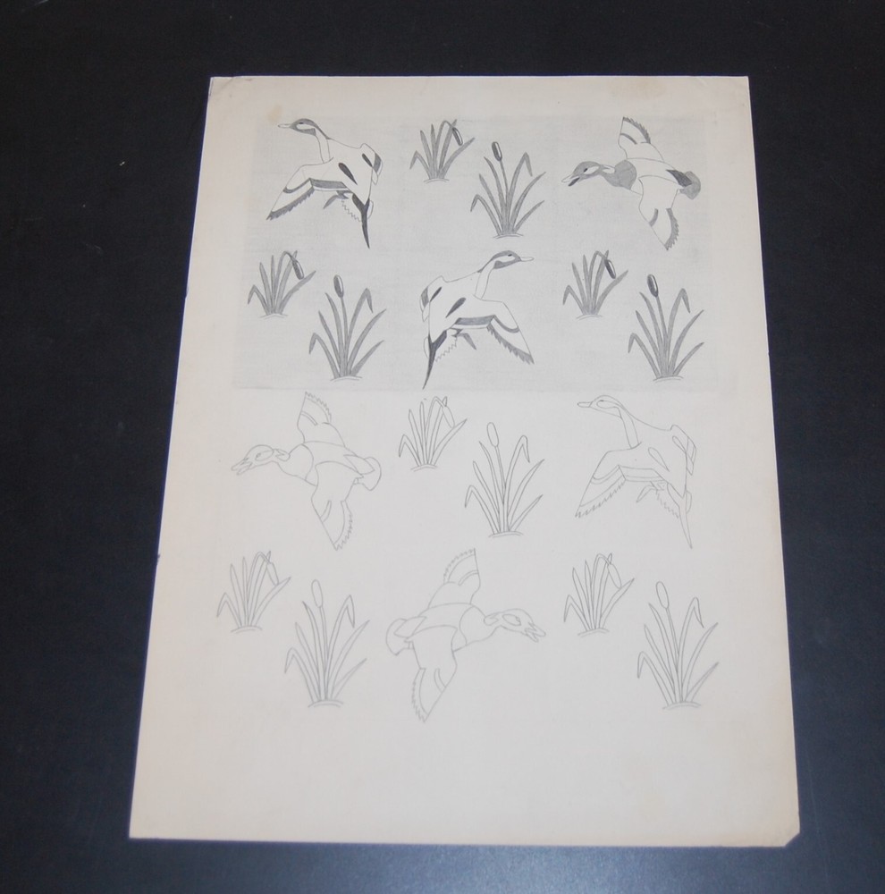 Original Art Work Unrecognized Artist Ducks & Cattails Print 1950