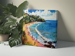 Beach Painting Aerial View, Retro Ocean Beach Beautiful Seascapes Large Wall Art