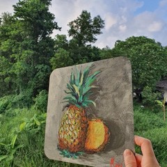 Still Life Fruit Painting Kitchen Original Wall Art Tropical Pineapple Modern