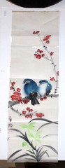 Painting on Silk Blue Birds with Pink Cherry Blossums Signed Vintage