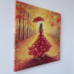 Original Oil Impressionist Portrait Painting Autumn Woman Fashion Nature Art