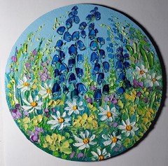 Meadow Flowers Daisies Bells Art Round Canvas 6×6” Impasto Oil Painting Original