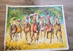 Hand painted on canvas derby horse racing signed by artist