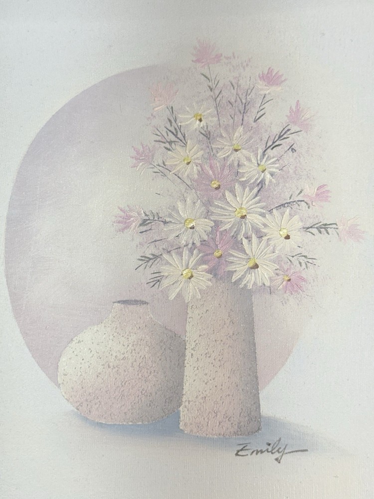 Still Floral Painting On Canvas Pastel Taupe & Pink 11.5×13.75 8×10