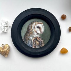 Framed bird Painting Antique Style Victorian Barn Owl Round Original Portrait Ar