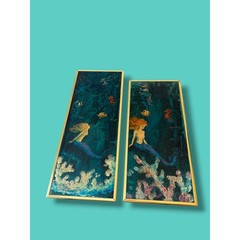 Vintage Set of Mermaid Mixed Media Paintings Framed Pair Coastal Mermaidcore Art