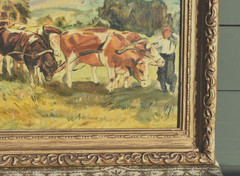 Haycart with Cows Harvest Oil on Artboard Landscape circa 1950