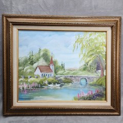 Signed Vintage Oil Painting Canvas Country Lake Scene Swans Bridge Church 27×23