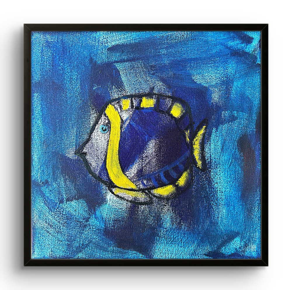 Original Tropical Fish Painting 12×12 Acrylic Canvas Blue Yellow Signed