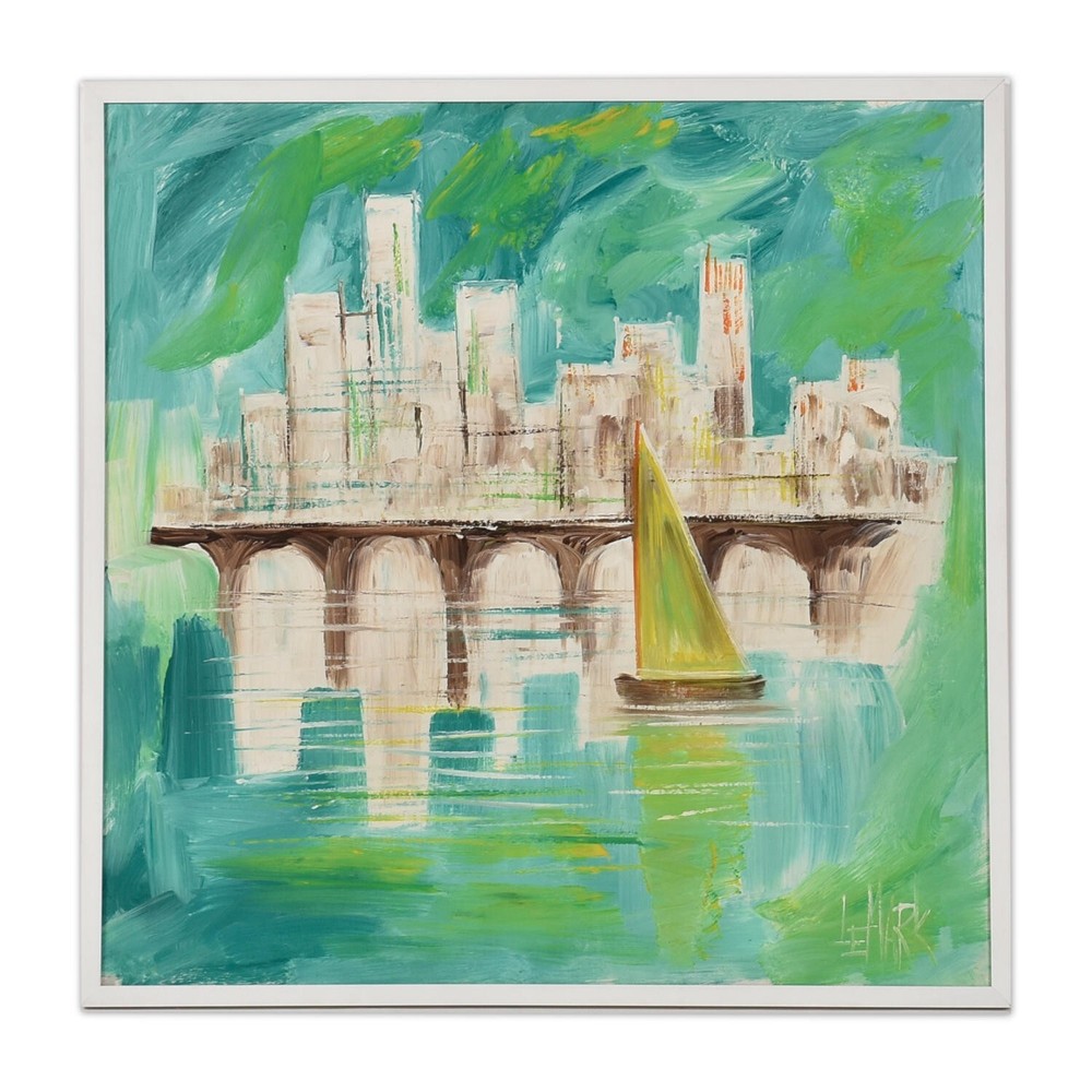 LeMark Mid-Century Modern Aqua Blue White and Green Nautical Harbor Painting