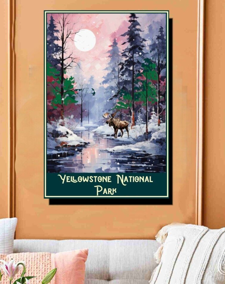 Yellowstone National Park Canvas Wrap Travel Poster Moose Wildlife 16×24