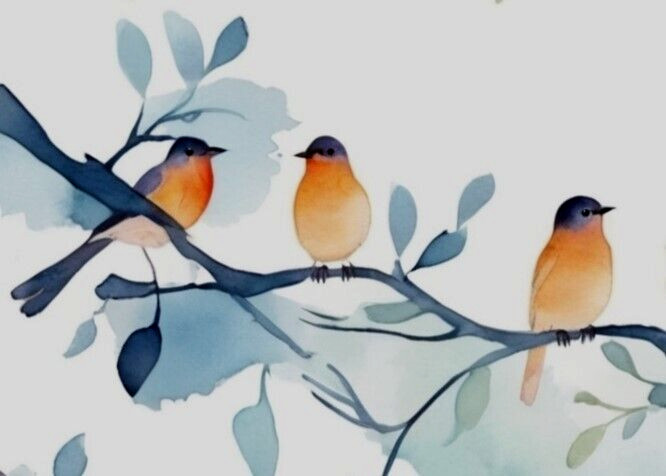 ACEO *PRINT* Mini Miniature Tiny Art Watercolor Blue & Red Song Birds by Saulite
