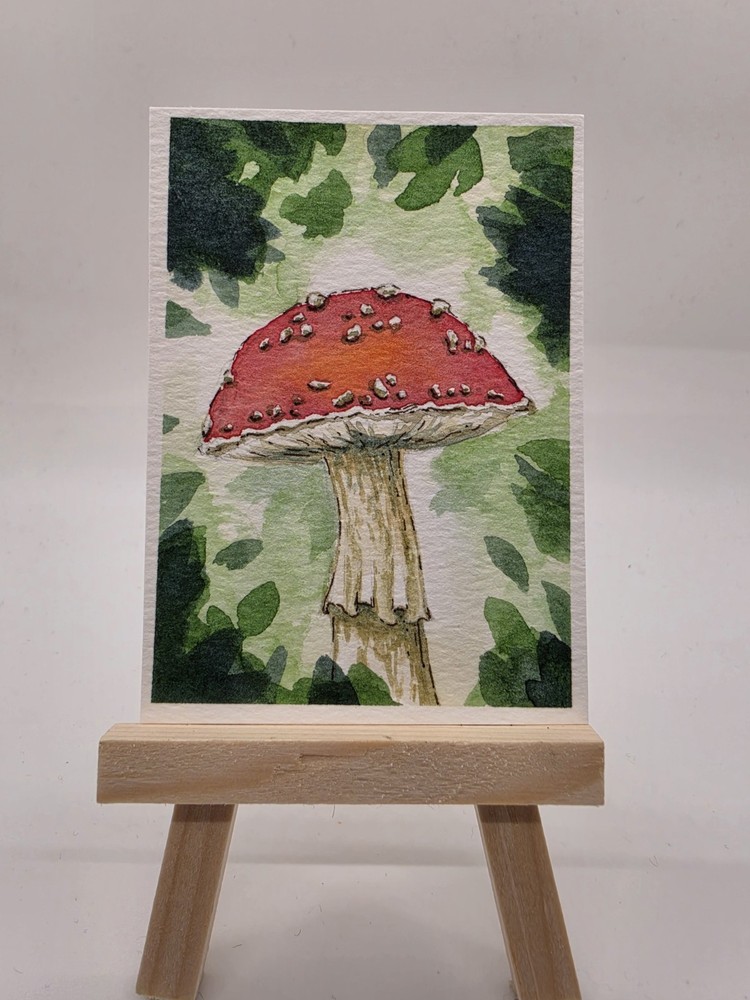 aceo original art Painting Watercolor Mushroom Fall Autumn Forest Amanita…