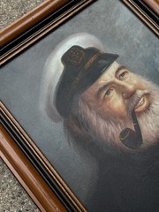 Vintage Nautical Oil Canvas Painting Sea Captain Portrait Pipe Signed Lee Young