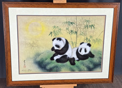 Karl J. Feng „Pandas“ bear original watercolor painting signed w card 25″ x 17″