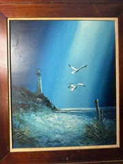 Large Philip Sadee „Seaside With Lighthouse Gulls“ Oil Painting – Signed/Framed