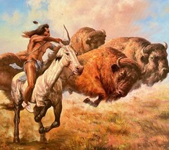 Troy Denton Artist Print on Board Native American Buffalo Hunt With Bow 25 x20cm