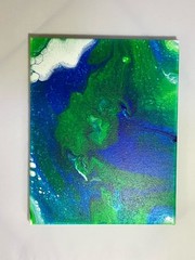 Original Abstract Crayon Acrylic Pour Artwork On Canvas Blue, Green And White