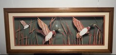 Vintage 3D Style Panoramic Mallard Ducks In Flight Painting Framed 13” X 30”