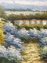 Signed oil on canvas abstract village scene art 26 1/2 x 22 1/2 inches