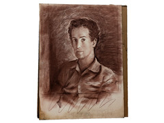 Oil Pastel Vintage Sketch Portrait of a Young Man in a Button Up Shirt, Signed