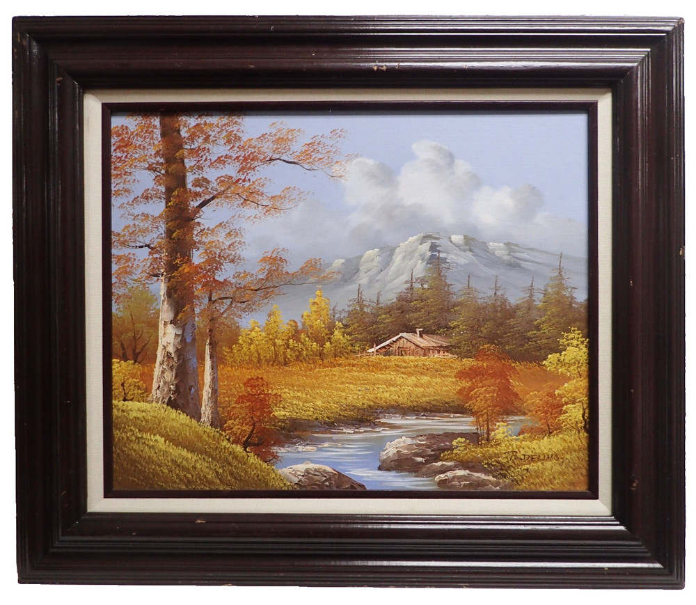 R. Delino Original Mountain Landscape Painting on Board w/ Wood Frame 23×27