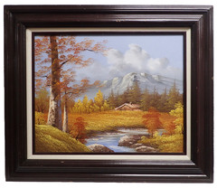R. Delino Original Mountain Landscape Painting on Board w/ Wood Frame 23×27