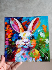 original oil painting Rabbit Bunny Pet artwork Colorful animals wall art 8*8 in