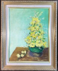 Floral, Oil on Canvas Board,Signed,Vintage, Yellow Flowers