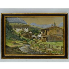 1895 Old watercolor painting sign M. RUPPRECHT Rural landscape with mountains
