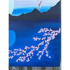 Sakura Moon Landscape Unbranded Original Handpainted Acrylic Canvas OS Blue Pink