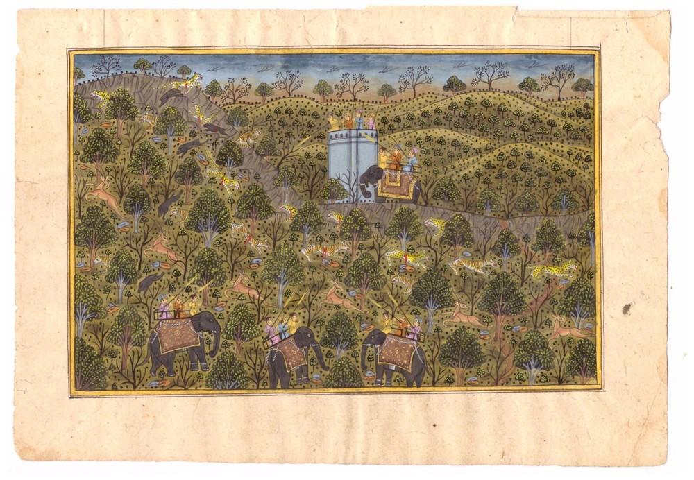 Tiger Hunting Painting Of Empoeror With His Friends On Elephant 9×6.5 Inches