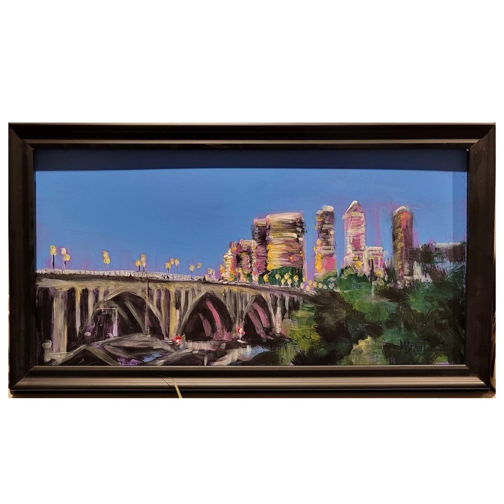 Sunrise Bridge Painting Urban Landscape Impressionism Framed City Collector Art