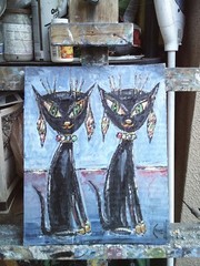 TWO BLACK CATS new retro art original 8×10 card panel oil painting by Crowell