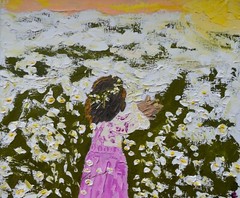 Original Painting Girl in the Field Wall Art Daisies Pink dress size 10 x 12 in