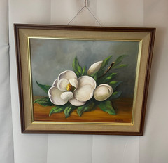 Original Framed Painting of White Magnolia or Dogwood Flower Wood 1970s