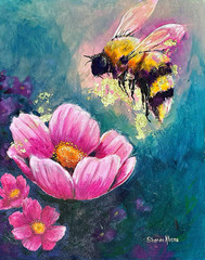 Pink Cosmos and Bumblebee – Original Abstract Realism Art 14×11 Acrylic Painting