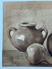 DOHAN ANTIQUE 1937 ORIGINAL ART WATERCOLOR PAINTING POTTERY SQUASH POT BOTTLE