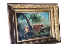 18th Century Paul and Virginia Cow Dog Stream Landscape Blue Sky French Oil