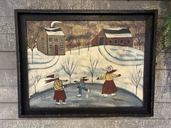 Kathy Graybill-Folk Art Painter-ORIGINAL Artwork-Winter Scene “Let’s Skate 21×27